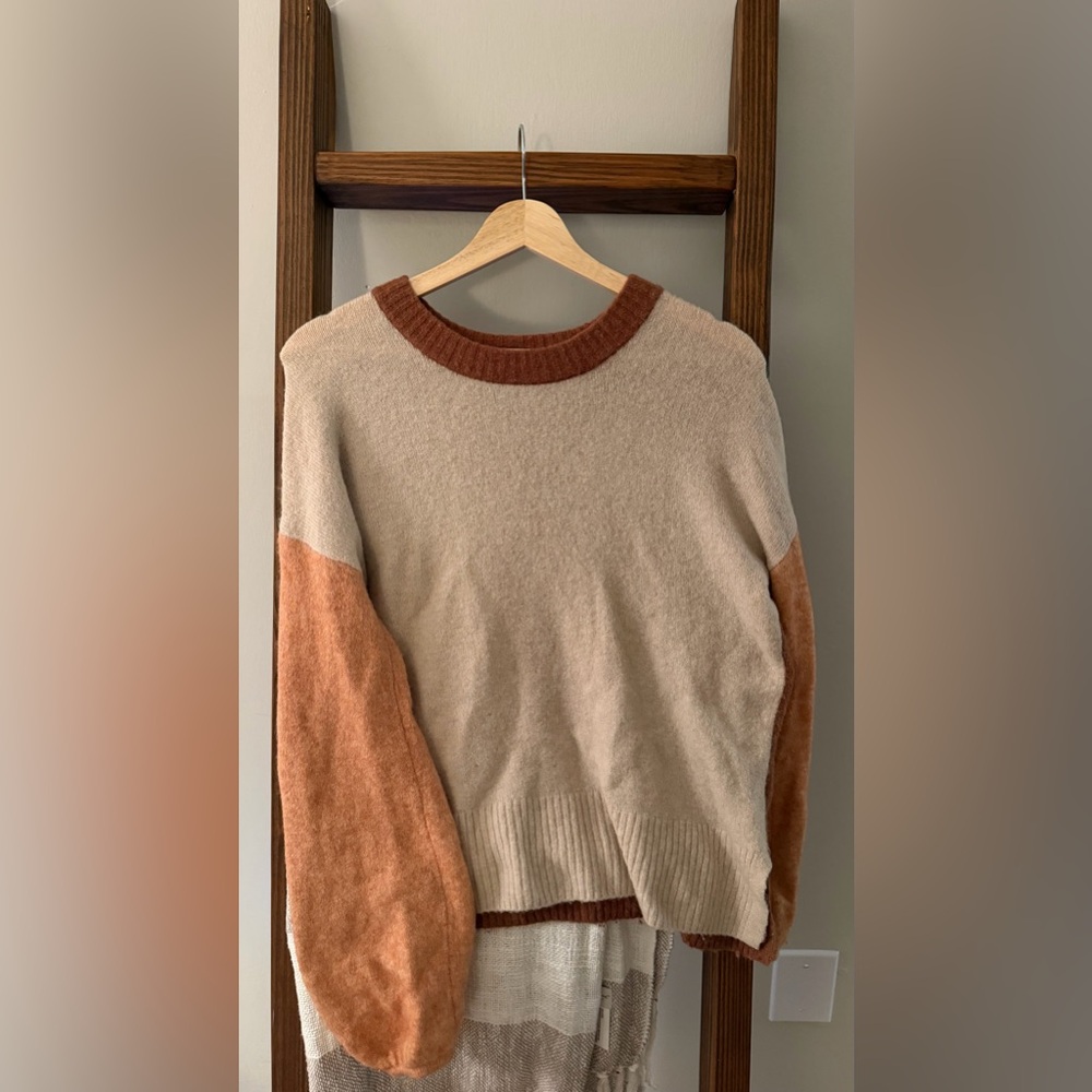 Madewell XS Colorblock Crewneck Sweater Cream Rust Brown